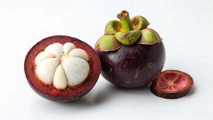 Fresh Mangosteen and slice isolated in white background