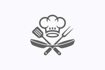 Chef Hat with Spatula and Fork Over Crossed Skillets Logo