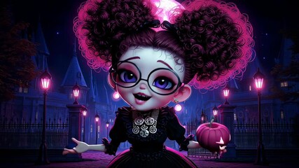 Girl with large glasses and curly hair holds pumpkin in enchanting night scene. Dark background illuminated by purple lights. Concept of Halloween, fantasy costumes, themed events