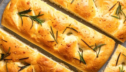 Golden-brown, sliced rosemary focaccia loaves on a light surface
