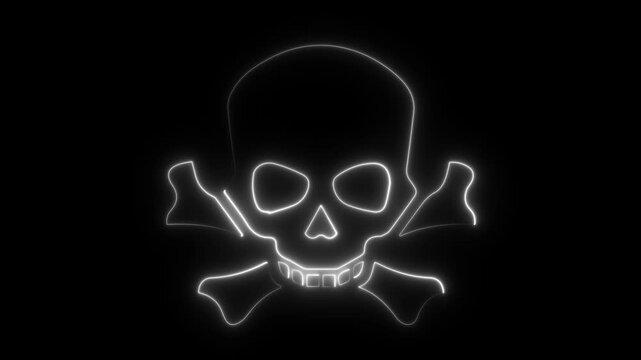 Neon skull crossbones. Glowing danger sign. Digital pirate flag. White line art. Spooky halloween design. Gothic glowing art. Toxic warning symbol. Black background art. Jolly roger outline. Cyberpunk