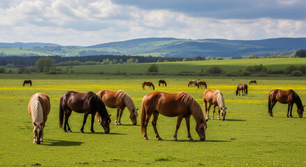 Obraz premium A picturesque view of a herd of horses grazing peacefully in a lush green meadow on a sunny day, with rolling hills and a cloudy sky in the background