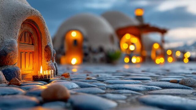 Stone Pathway to Cozy Dwellings: Charming earth-toned houses nestle together under a twilight sky, their warm interior lights beckoning from behind stone pathways. Enchanting and inviting.