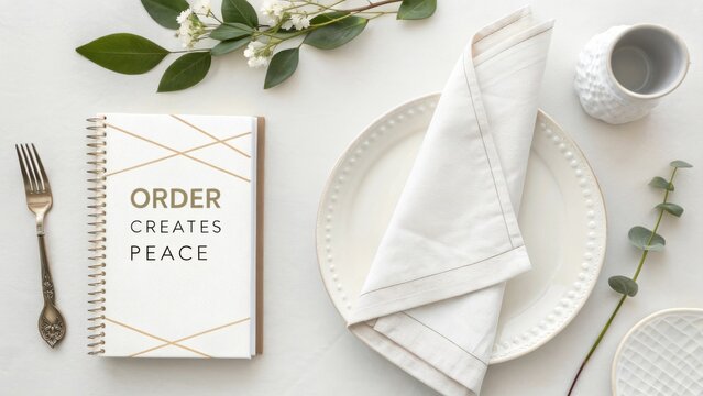 Elegant dining setup with notebook, utensils, and fresh greenery for peaceful and organized mealtime experience
