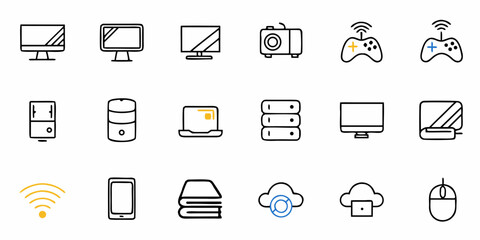 Simple outline icons showcasing modern technology devices, connectivity, and data infrastructure, suitable for website design, app development, and digital presentations