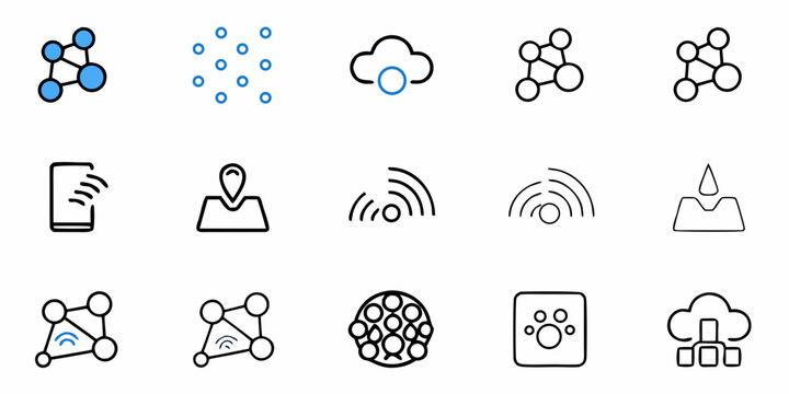 Smart technology icons representing cloud computing, networking, location services, and wireless connectivity for modern digital solutions and innovative applications - Powered by Adobe