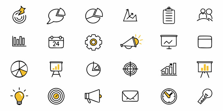 Dynamic business icon collection for presentations, marketing, and data analysis visual aids, perfect for modern finance, strategy, and project management concepts
