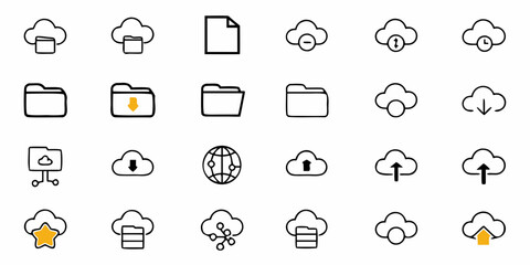 Dynamic cloud storage icons representing data upload download organization and network connectivity for modern digital services and technology platforms