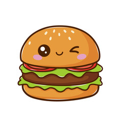 Cute Kawaii Burger Cartoon Character Winking – Adorable Fast Food Illustration