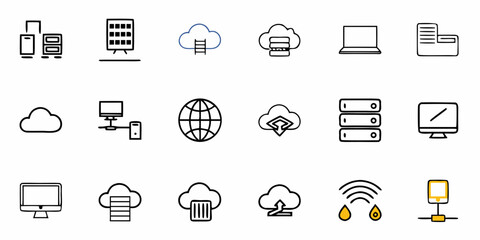 Modern technology icons capture essential digital concepts like cloud computing, networking, and data storage for innovative business and tech presentations