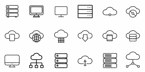 Dynamic collection of modern technology icons representing cloud computing data storage network servers and digital connectivity for innovative business solutions