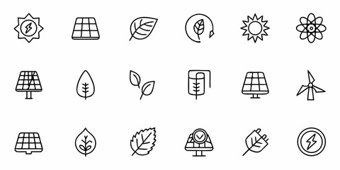 Captivating collection of clean energy icons featuring solar panels, wind turbines, leaves, and sun symbols, perfect for eco friendly branding and sustainability projects.