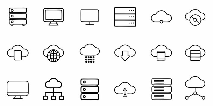 Dynamic collection of modern technology icons representing cloud computing data storage network servers and digital connectivity for innovative business solutions