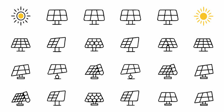 Dynamic solar panel icons and sun illustrations showcase clean energy innovation for modern projects, perfect for eco friendly branding and educational materials