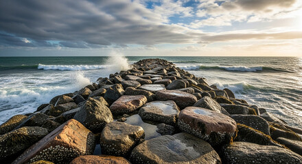 A stone pier stretches into the ocean under a dramatic sky, with waves crashing against the rocks, capturing the raw power and beauty of the sea