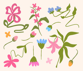 Colorful Abstract Floral Vector Set. Playful Modern Botanical Illustration