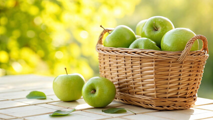 Green Apples in basket on tiled surface in natural warm sunlight background