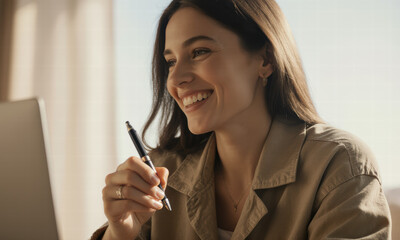 Joyful Woman with Pen and Laptop Working or Studying