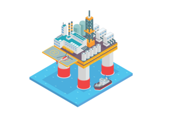 Pixel Art Oil Rig Platform in Turquoise Water With Red Support and Transport Boat Floating Isometric Isolated on White Background