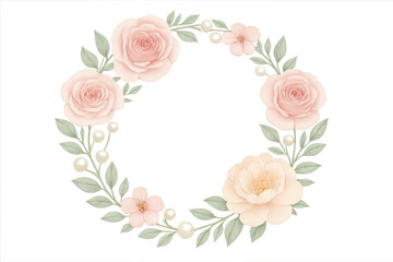 Watercolor floral wreath with pink roses and pearls