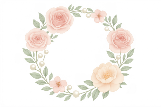 Watercolor floral wreath with pink roses and pearls