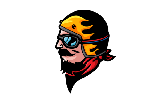 Pixel Art Profile of Biker with Helmet and Flames in Black Yellow and Red with Mustache and Goggles on Transparent Background