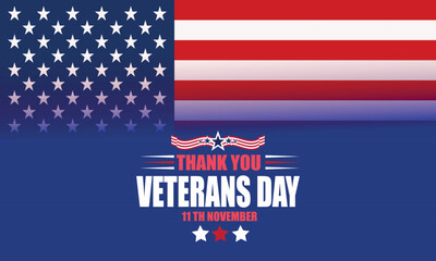 Thank You Veterans design with half American flag gradient and glowing red blue background. Patriotic tribute graphic celebrating US military service and dedication.
