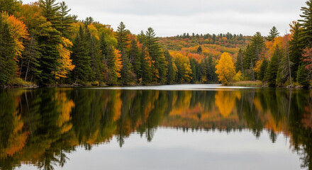 Scenic autumn landscape featuring a calm lake reflecting the vibrant colors of the surrounding forest, creating a picturesque and peaceful natural scene
