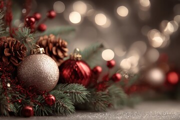 Decorative arrangement of Christmas ornaments and pine cones with blurred lights in the background for festive celebrations