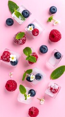 Frozen berry and mint ice cubes on a pink background