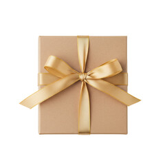 Elegant square brown gift box with golden silk ribbon and bow isolated on white background