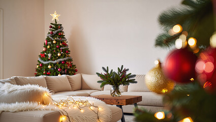 Warm bokeh Christmas decorations in soft focus providing clean horizontal space for text and product placement