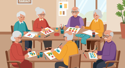A flat design illustration showing a joyful group of elderly individuals participating in social activities, highlighting the importance of community and social engagement for senior well-being.