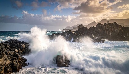 Obraz premium Ocean Waves Crashing Against Rocks Under Dramatic Cloudy Sky