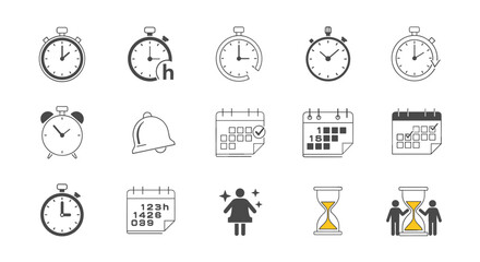 A collection of icons representing time management and scheduling tools for various applications and purposes.