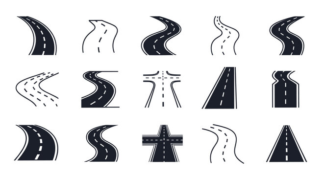 Collection of various asphalt road designs with white dashed lines on a white background.