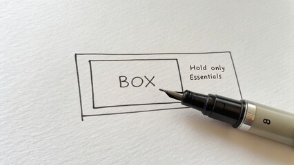Creative Drawing of Box Illustration to Hold Only Essentials with a Fine Liner Pen on White Background