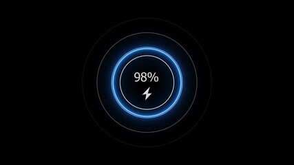 Neon countdown loading icon 0 to 98% battery charging screen animation. 98 percent fast charging icon video.