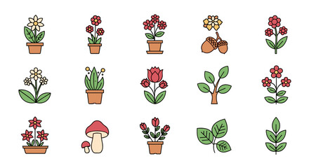 A collection of colorful cartoon potted plants and natural elements including flowers trees and a mushroom.