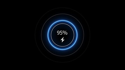 Neon countdown loading icon 0 to 95% battery charging screen animation. 95 percent fast charging icon video.
