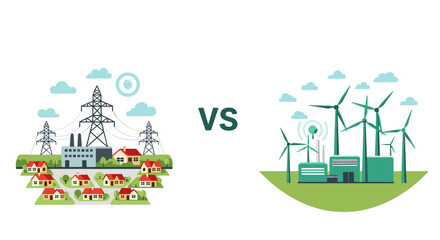 Comparing conventional energy power plants versus sustainable wind turbine farms for electricity generation.