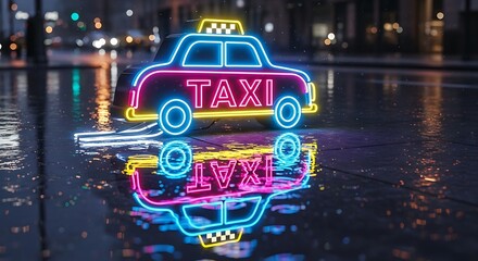 Neon Taxi Sign Reflection in Water at Night.