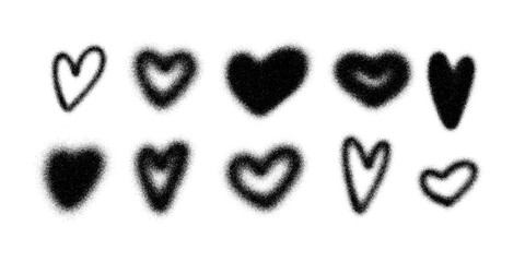 Set of graffiti hearts in stipple art style with spray texture and grain shading. Abstract vector hearts in black and white. Stipple art graffiti elements for street art, poster