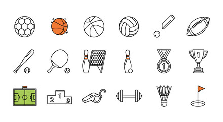 Collection of sports equipment and items for various athletic activities and games.