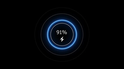 Neon countdown loading icon 0 to 91% battery charging screen animation. 91 percent fast charging icon video.