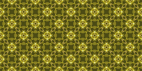 Seamless golden olive geometric pattern with glowing floral shapes. Rich, warm, and elegant look perfect for luxury fabric, wallpaper, or modern decorative design.