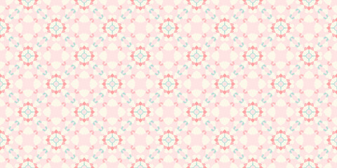 Soft pastel seamless pattern with pink, blue, and white tones forming floral geometric shapes. Light, calm, and dreamy look ideal for fabric, gift wrap, or digital background.