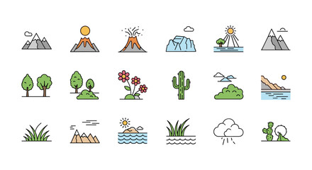 A collection of nature landscape and natural element icons representing diverse geographical features and botanical elements.