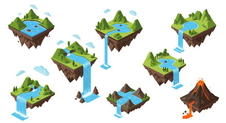 Collection of miniature floating islands with diverse natural features and cascading waterfalls.