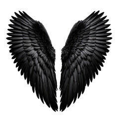 Naklejka premium Dark angel wings spread symmetrically on black. Feathers detailed